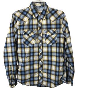 American Eagle Outfitters Men's Blue/Yellow Plaid Pearl Snap Western Shirt Small